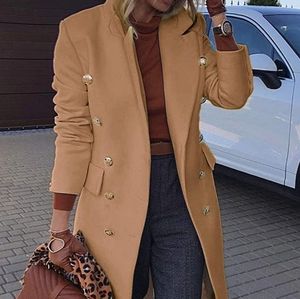 Women's Elegant Notched Collar Double Button Slim Long Wool Blend Pea Coat